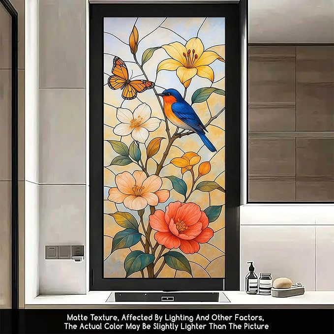 Bird Flower Butterfly Privacy Film Stained Glass Style Static Cling No Glue Decorative Panel Light Filtering Cover for Kitchen Door Balcony 17.7x39.3 inch