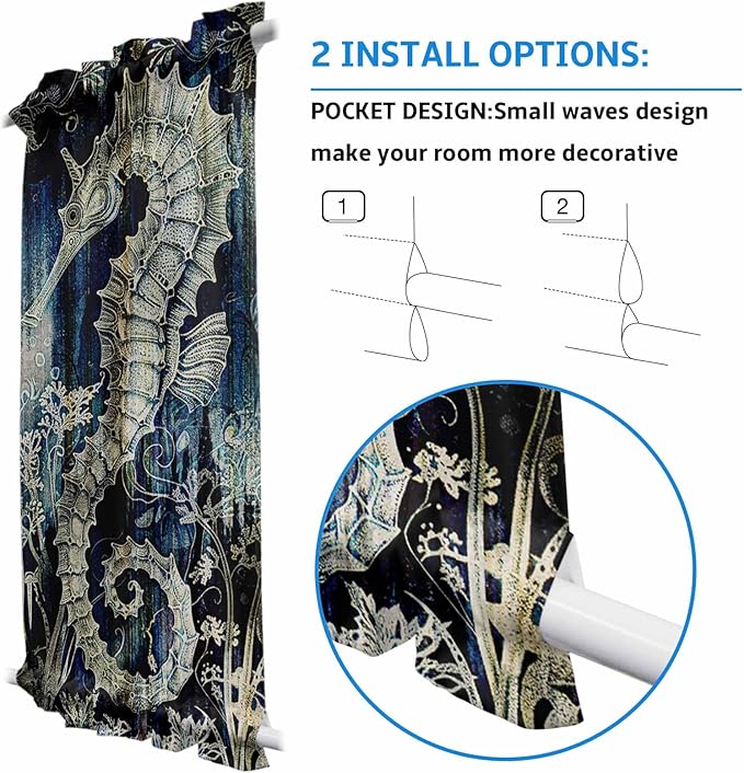 French Door Curtain Panel for Front Door, Sea Horse Slidelight Door Curtains with Tieback Light Filtering Privacy Panels for Doorway Entryway 25"x 40"