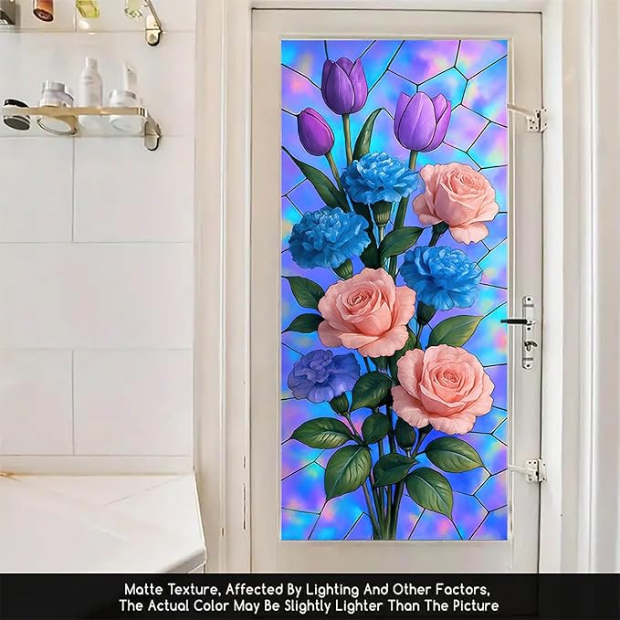 Rose Carnation Tulip Window Film Holographic Floral Privacy Panel Static Cling No Glue Decorative Cover for Door Vanity Kitchen Studio 17.7x39.3 inch