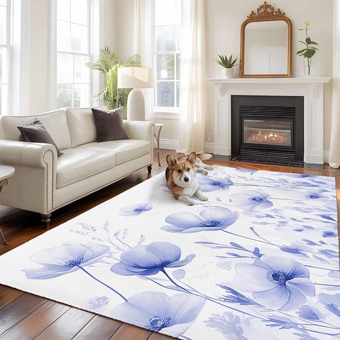 Flower 8'x10' Large Area Rugs, Blue Washable Area Rugs Non-Slip Indoor Floor Mats Large Carpet for Living Room Bedroom Dining Room