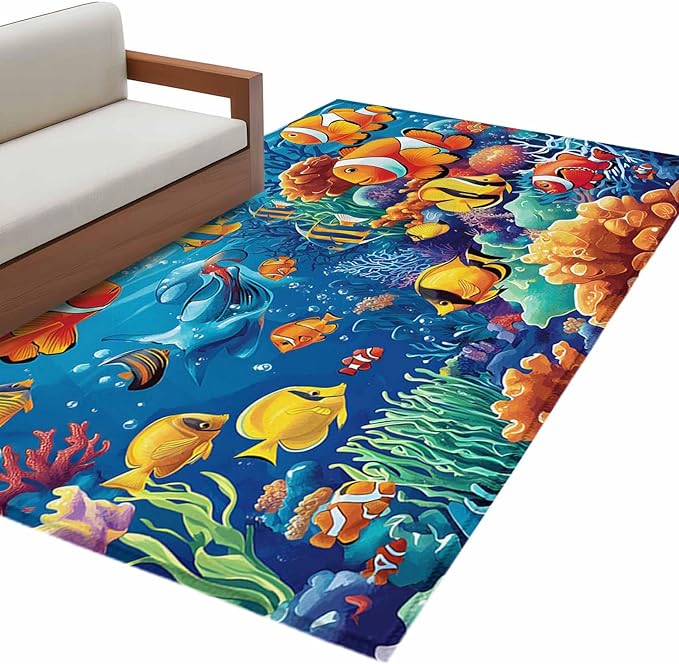 Ocean Marine 3'x5' Area Rugs, Life Fish Coral Seagrass Underwater Coastal Washable Area Rugs Non-Slip Indoor Floor Mats Carpet for Living Room Bedroom Dining Room
