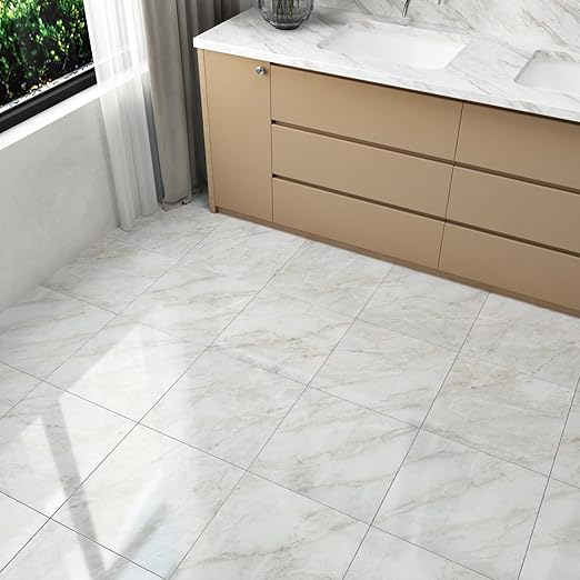 Wallercity Shiny White/Gray Peel and Stick Floor Tiles 18-Pack Self Adhesive Waterproof Vinyl Flooring Planks for Kitchen Bathroom Bedrooms 12x12 Inch Stick on Floor Tiles Linoleum Flooring Sheets
