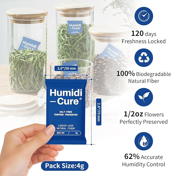 Humidi-Cure 62% RH 2-Way Humidity Packs, Size 4g, 10 Packs, Moisture Absorbers for Storing 1/2 oz Herbs, Humidity Control Packs Preserving Aroma and Flavor with Liquidless Plant-Fiber, Salt-Free