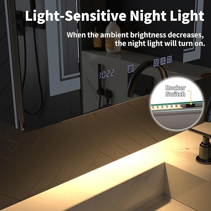 ExBrite 24 x 32 LED Lighted Medicine Cabinet with Mirror, Front & Backlit, Night Light, Clock & Temp Display, Defog, 5X Magnifier, 3-Color Dimmable LED, Surface/Recessed Mount, Hinge On the Right