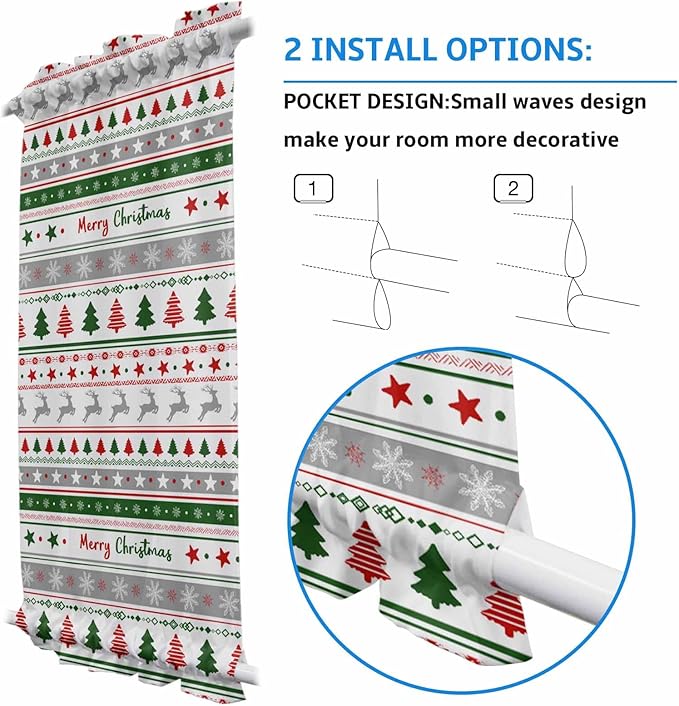 Christmas French Door Curtain Panel for Front Door, Red Green Gray Snow Deer Christmas Tree Strips Slidelight Door Curtains with Tieback Light Filtering Privacy Panels for Doorway Entryway 25"x 40"