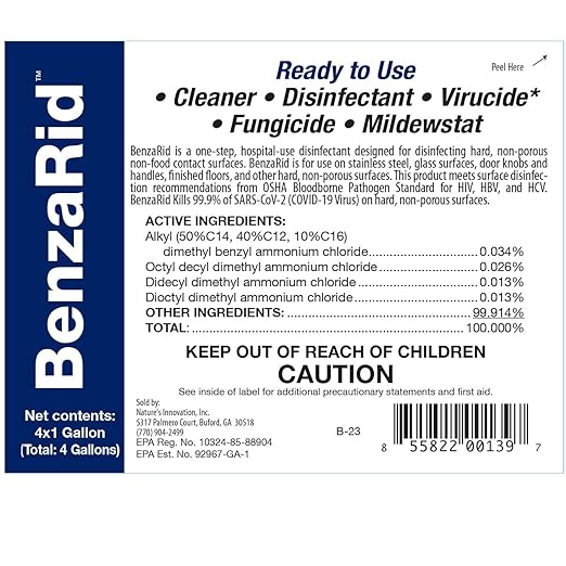 BenzaRid Hospital Disinfectant Sanitizer & Virucide | Kills 99.99% of COVID-19, Avian Flu H1N1,H1N2, H5N1, SARS, Bloodborne Pathogens, Staph, Bacteria & Mold | EPA Reg. | Child & Pet Safe 1 Gal