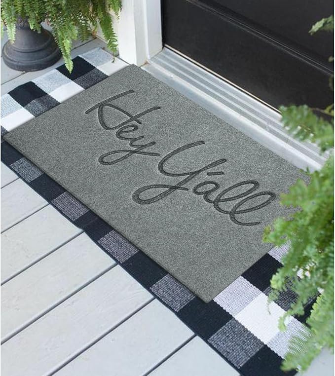 Mats Outdoor Front Door Mat Indoor Entrance with Non Slip Rubber Back Funny Durable Heavy Duty Backing Hey Y'all Doormats Entryway, Light Gray 36" x 24"