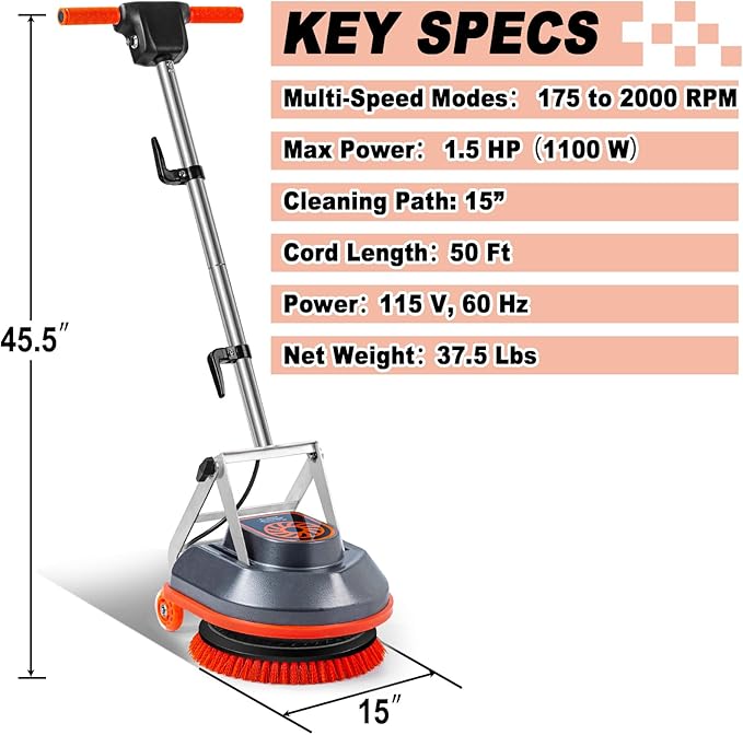 HHQ 15" Floor Buffer Machine, Commercial Floor Scrubber Machine with Brushes and Pads, Heavy Duty Floor Cleaner and Polisher- Deep Clean and Polish Your Floors with Ease