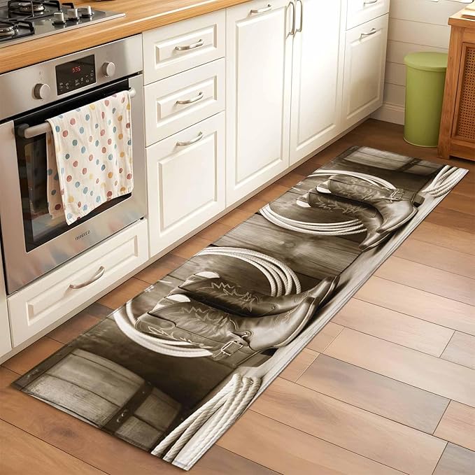 Western Cowboy Runner Rug 2'x6', Vintage Countryside Cowboy Boots Ropes Hallway Runner Rugs Washable Non-Slip Bedside Floor Mats Carpet for Kitchen Bedroom Laundry Room Bathroom