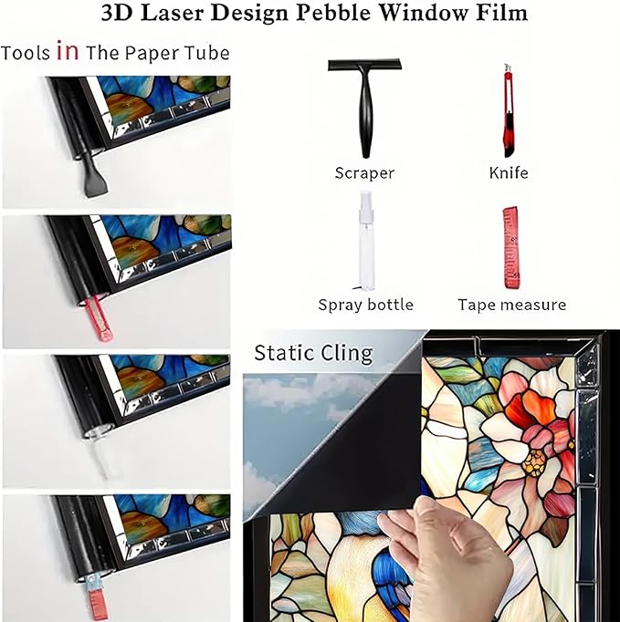 Bluebird Stained Glass Window Film 17.7x39.3 Inch Privacy Static Cling Window Sticker No Glue Floral Decorative Glass Decal for Door Panels Kitchen Entryway Sunroom Partitions