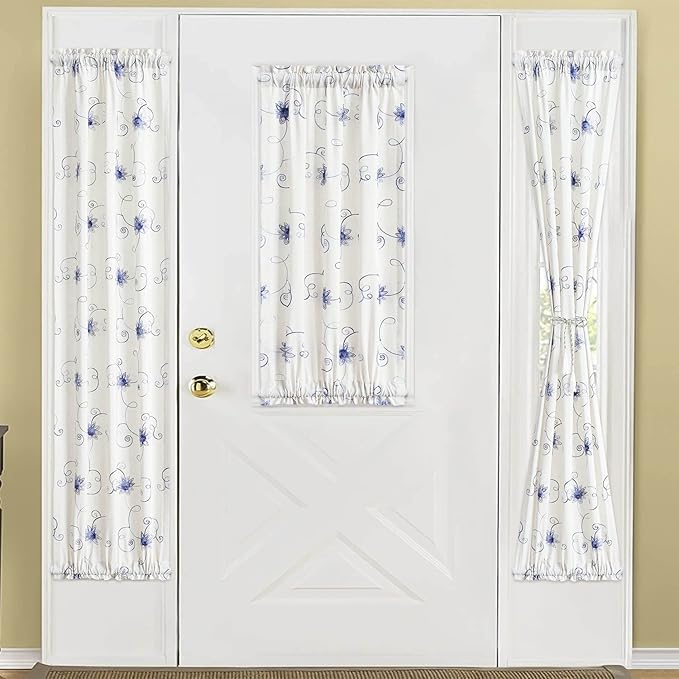 VOGOL French Door Curtains, Rod Pocket Light Filtering Curtains for Doors with Glass Window, Blue Foral Embroidery Design for Kitchen Patio Doors, 25 x 72 Inches, 1 Panel