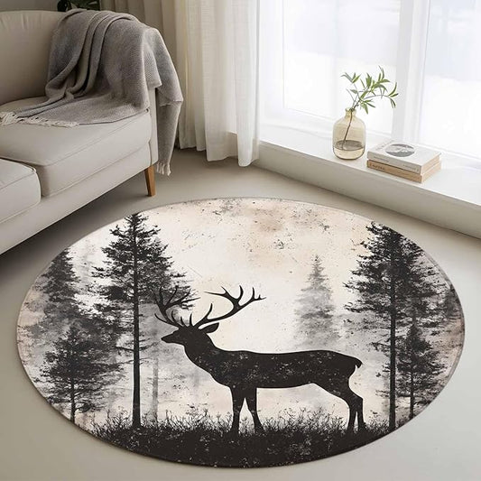 Elk Round Rug 4 Ft, Deer Silhouette Circle Area Rugs Washable Non Slip Indoor Floor Mats Carpet for Living Room Bedroom Dining Room Home Decor