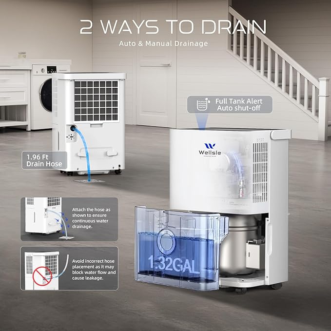 Energy Star Dehumidifier, Wellsle 80 Pints Dehumidifier for basement, Smart Humidity Adjustment with 1.32 Gal Water Tank and Drain Hose, Silent & Efficient for Home Bedroom Garage Large Room