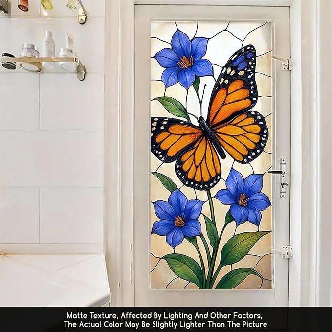 Butterfly Blue Flower Privacy Film Stained Glass Style Static Cling No Glue Decorative Panel Light Filtering for Door Window Kitchen 17.7x39.3 inch