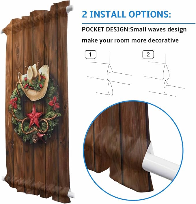 Christmas French Door Curtain Panel for Front Door, Dark Brown Wood Texture Christmas Wreath Cowboy Hat Slidelight Door Curtains with Tieback Light Filtering Privacy Panels for Entryway 25"x 40"