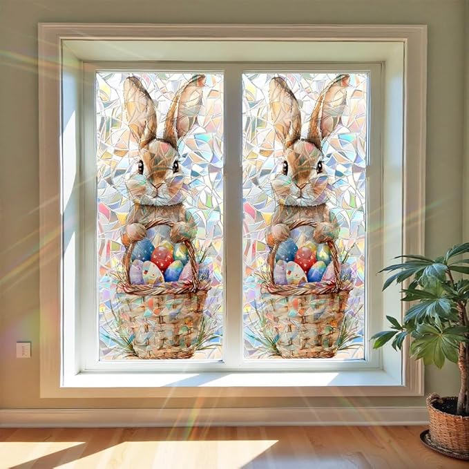 Window Film Mat 39.4 x 17.3 Inch PVC Bunny Easter Basket Window Film Crescent Texture Decorative Glass Covering with Sunlit Glossy Shine for Bathroom Kitchen Living Room Privacy Accent