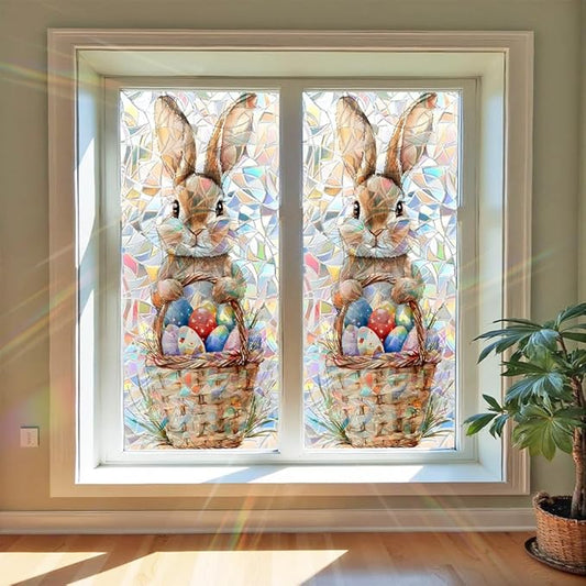 Window Film Mat 39.4 x 17.3 Inch PVC Bunny Easter Basket Window Film Crescent Texture Decorative Glass Covering with Sunlit Glossy Shine for Bathroom Kitchen Living Room Privacy Accent