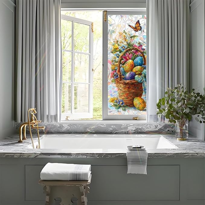 Window Film Mat 39.4 x 17.3 Inch PVC Decorative Easter Basket Window Film Floral Egg Pattern Glass Covering for Home Office Kitchen Bathroom Seasonal Privacy Light Filtering Design