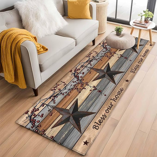 Country Stars Runner Rug 2'x6', Vintage Rust Black Star Berry Brown Light Blue Wood Grain Hallway Runner Rugs Washable Non-Slip Bedside Floor Mats Carpet for Kitchen Bedroom Laundry Room Bathroom