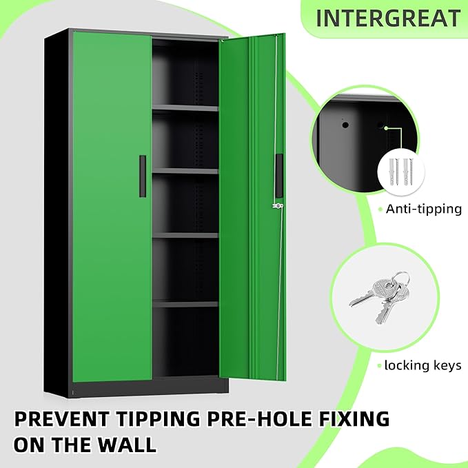 Bonusall 72" Metal Garage Storage Cabinet, 2 Locking Doors & 4 Adjustable Shelves Tall Storage, Heavy Duty Steel Tool Cabinet for Home, Office, Warehouse, School (Black Green)