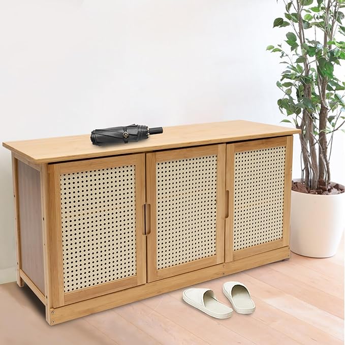 Shoe Storage Bench,Rattan Shoe Bench,Shoe Storage Bench Organizer,Entryway Shoe Bench with Plastic Rattan Doors,Shoe Rack Organizer Adjtable Shelves,Shoe Rack Organizer Space,for Bedroom