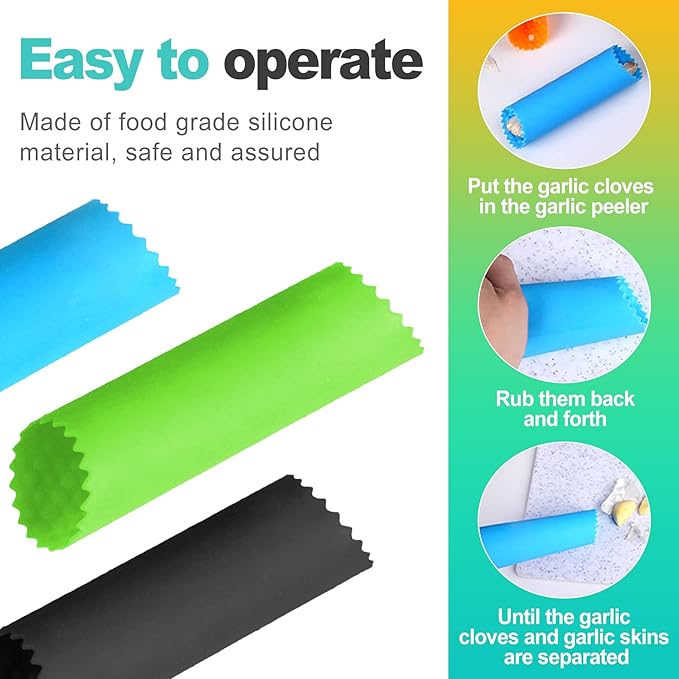 3 Pcs Silicone Garlic Peeler Tube Roller, Food-Grade & Effortless Skin Remover, Quick Kitchen Gadget for Fresh Cloves, Keeps Hands Odor-Free, Easy to Clean - Assorted Colors