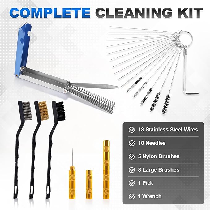 Premium Carburetor Cleaning Kit, Stainless Steel Torch Tip Cleaner with 13 Wires, 10 Needles, 5 Nylon Brushes, 3 Large Brushes, Pick & Wrench Set for Motorcycle ATV Lawn Mower Small Engine