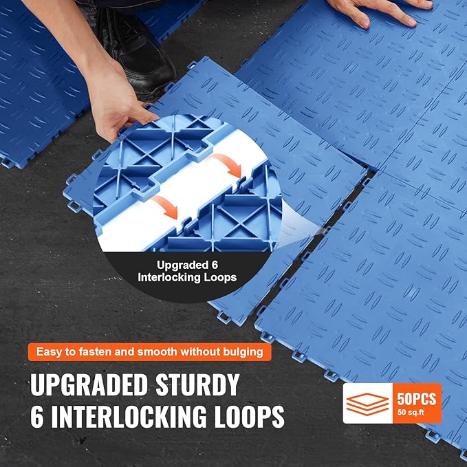 VEVOR Garage Floor Tiles 12 x 12 x 0.53 inch, Interlocking Design Ease of Installation Double-Sided Texture Non-Slip Sturdiness, for Garages, Basements, Repair Shops, Blue, 50 Pack