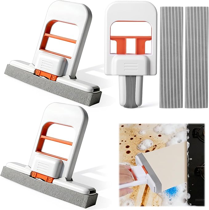 Juome 3Pcs Mini Foldable Desktop Mop - Portable Self-Squeeze Sponge Cleaning Tool, Wet and Dry Use Cleaning System, Mini Mop for Kitchen Counter, Bathroom, Glass (5 Sponge Head + 3 Squeeze Handle)