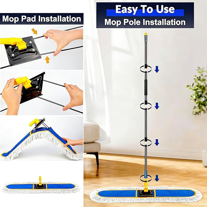 CLDREAM 24" Commercial Dust Mop for Floor Cleaning with 2 Mop Head, Large Industrial Push Broom Mops with 60" Long Handle,Wet Dry Floor Duster for Concrete Hardwood Tiles Marble Floors
