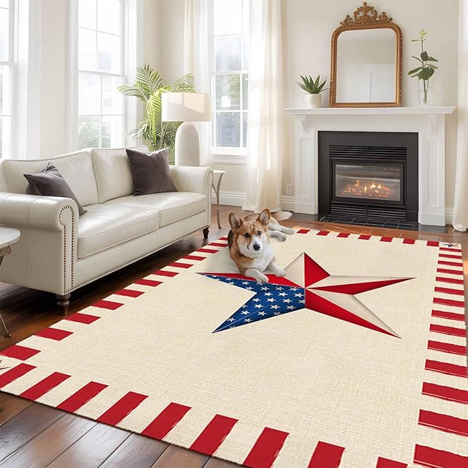 Farmhouse American Flag Pentagram 6'x9' Large Area Rugs, Washable Area Rugs Non-Slip Indoor Floor Mats Large Carpet for Living Room Bedroom Dining Room