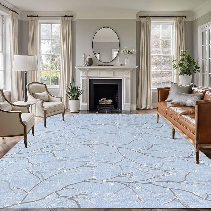 Blue Tree Branch 9'x12' Large Area Rugs, Retro Classic Art Blue Tree Branches Flower Washable Area Rugs Non-Slip Indoor Floor Mats Large Carpet for Living Room Bedroom Dining Room