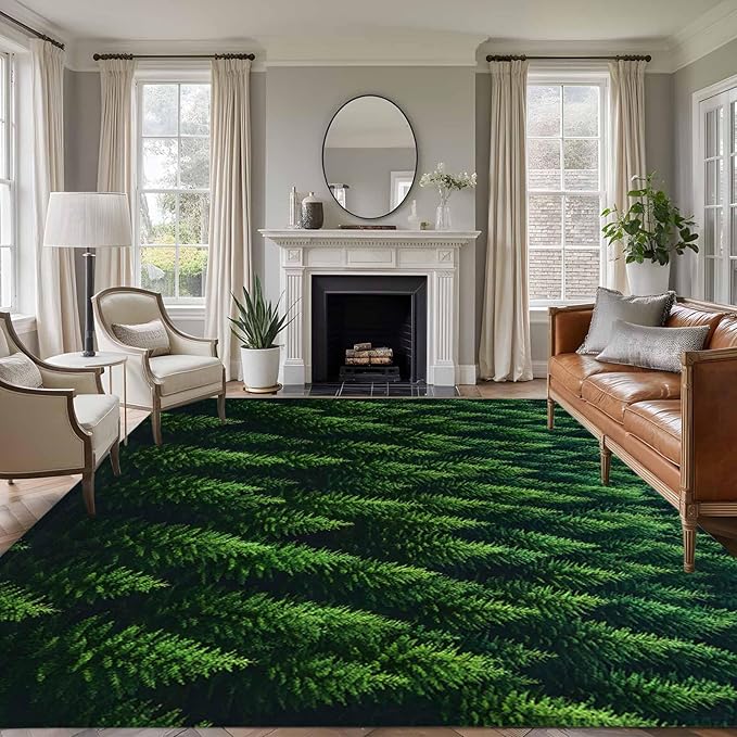 Green Forest 9'x12' Large Area Rugs, Pine Trees Forest Landscape Style Summer Washable Area Rugs Non-Slip Indoor Floor Mats Large Carpet for Living Room Bedroom Dining Room
