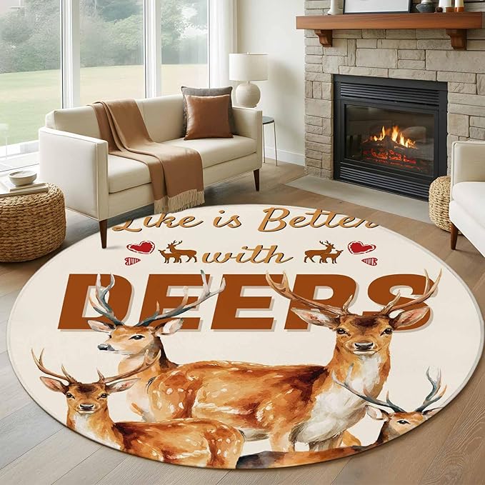 Beige Deer Large Round Rug 8Ft, Wildlife Animals Rustic Farmhouse Elk Rustic Farmhouse Circle Area Rugs Washable Non Slip Indoor Floor Mats Carpet for Living Room Bedroom Dining Room Home Decor