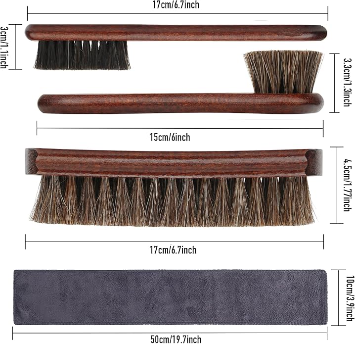 4-Piece 100% Horse Hair Shoe Brush Kit Premium Dauber Applicators Leather Care Cleaning Set with Polishing Brushes and Microfiber Cloth for Leather Suede Shoes Boots Bags Cars Cleaning Polishing