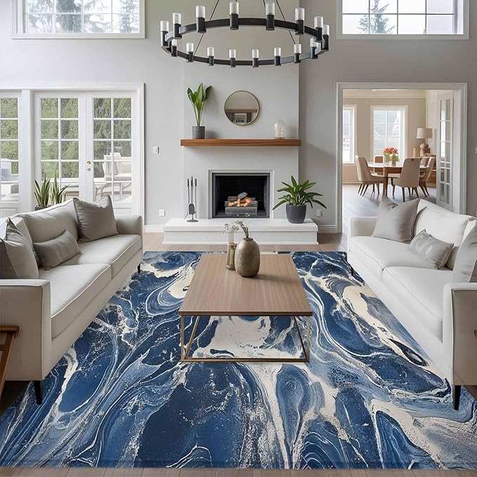 Impressionist Style 5'x8' Large Area Rugs, White Blue Blurred Wash Washable Area Rugs Non-Slip Indoor Floor Mats Large Carpet for Living Room Bedroom Dining Room