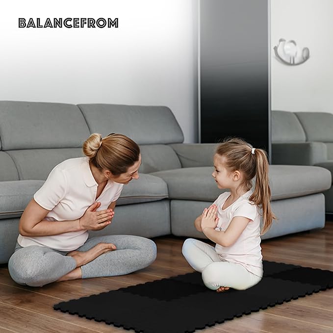 BalanceFrom Puzzle Exercise Mat 1/2' Thick, EVA Interlocking Foam Floor Tiles for Home Gym, Mat for Home Workout Equipment, Floor Padding for Kids, Black, 24 in x 24 in x 1/2 in, 24 Sq Ft - 6 Tiles