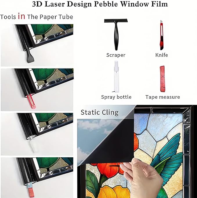 Colorful Bird Flower Privacy Film Stained Glass Style Static Cling No Glue Decorative Panel Light Filtering Cover for Kitchen Door Studio Entryway 17.7x39.3 inch