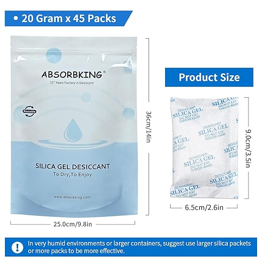 Absorbking Silica Gel Packets, 20 Gram 45 Packs Food Safe Moisture Absorbers, Desiccant Packs for Storage, Reusable Desiccant for Foods, Storage Bins, 3D Filaments, Electronics, Safes