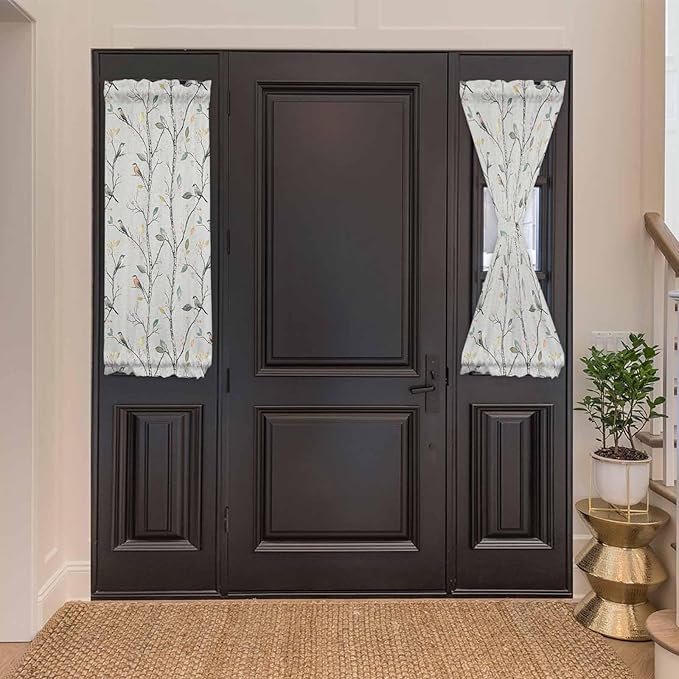 French Door Curtain Panel for Front Door, Retro Leaves Branch Birds Watercolor Painting Slidelight Door Curtains with Tieback Light Filtering Privacy Panels for Doorway Entryway 25"x 40"