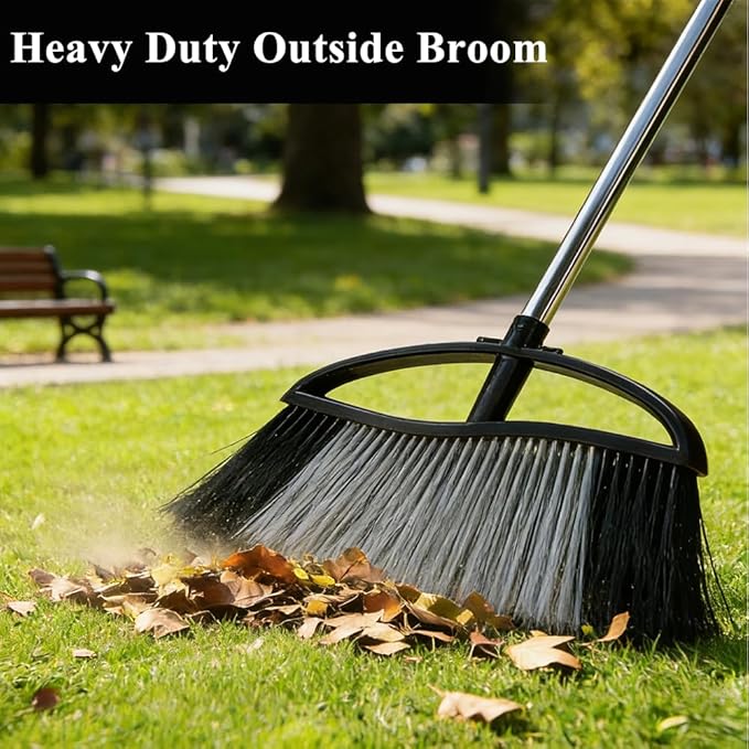 Heavy Duty Outdoor Broom - 15.7" Wide Broom with Long Adjustable Handle & Stiff Bristles for Patio, Garage, Yard, Garden (Black)