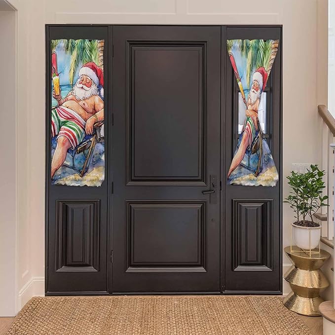Christmas French Door Curtain Panel for Front Door, Merry Christmas Santa Claus Coconut Tree Slidelight Door Curtains with Tieback Light Filtering Privacy Panels for Doorway Entryway 25"x 40"