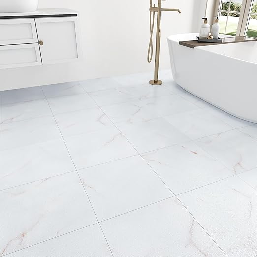 Wallercity 16PCS White/Red Marble Peel and Stick Floor Tiles Thick Non-Slip Vinyl Flooring Sheets for Bathroom Kitchen RV 12x12 Inch Square Waterproof Floor Stickers for Hallway Bedrom Living Room