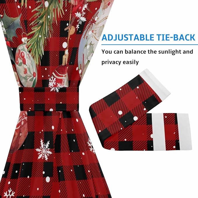 Christmas French Door Curtain for Front Door, Xmas Poinsettia Plants Various Balls Snow Black Red Plaid Slidelight Door Curtains with Tieback Light Filtering Privacy Panel for Entryway 25"x 40"