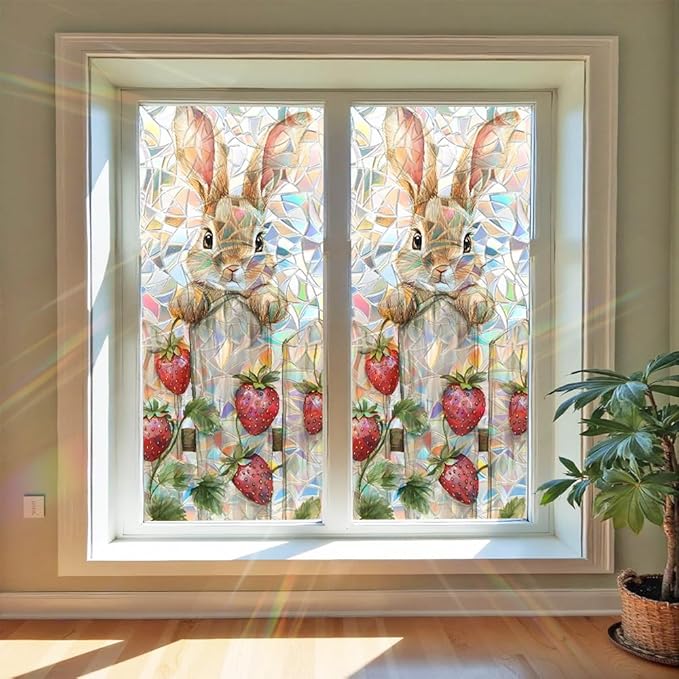 Easter Window Privacy Film 39.4 x 17.3 Inch PVC Bunny Strawberry Window Film Crescent Texture Decorative Glass Covering with Sunlit Glossy Shine for Bathroom Kitchen Living Room
