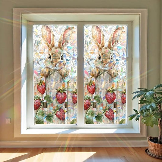 Easter Window Privacy Film 39.4 x 17.3 Inch PVC Bunny Strawberry Window Film Crescent Texture Decorative Glass Covering with Sunlit Glossy Shine for Bathroom Kitchen Living Room