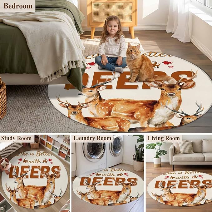 Beige Deer Round Rug 6 Ft, Wildlife Animals Rustic Farmhouse Elk Rustic Farmhouse Circle Area Rugs Washable Non Slip Indoor Floor Mats Carpet for Living Room Bedroom Dining Room Home Decor