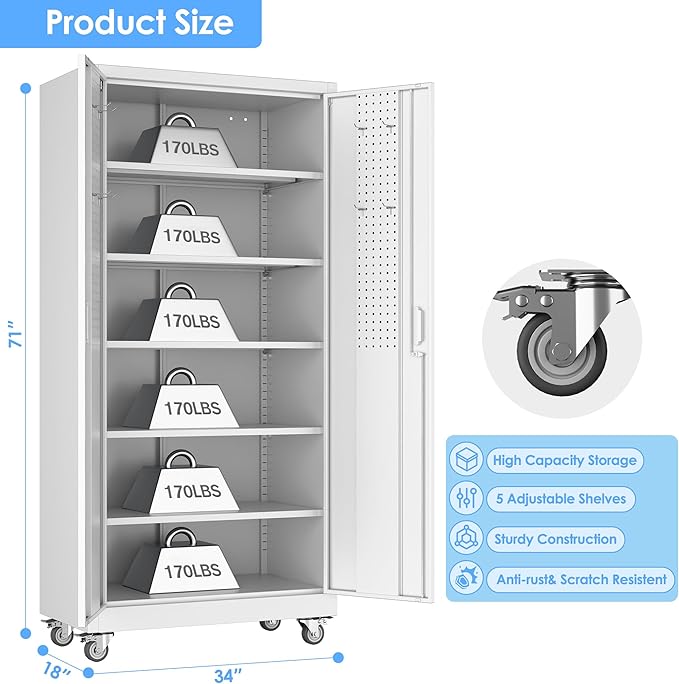 Reemoon Garage Storage Cabinet with Wheels and Pegboard, Metal Storage Cabinet with 5 Adjustable Shelves for Garage Warehouse Office Utility Room,Required Assembly,71" H×34" W×18" D,White