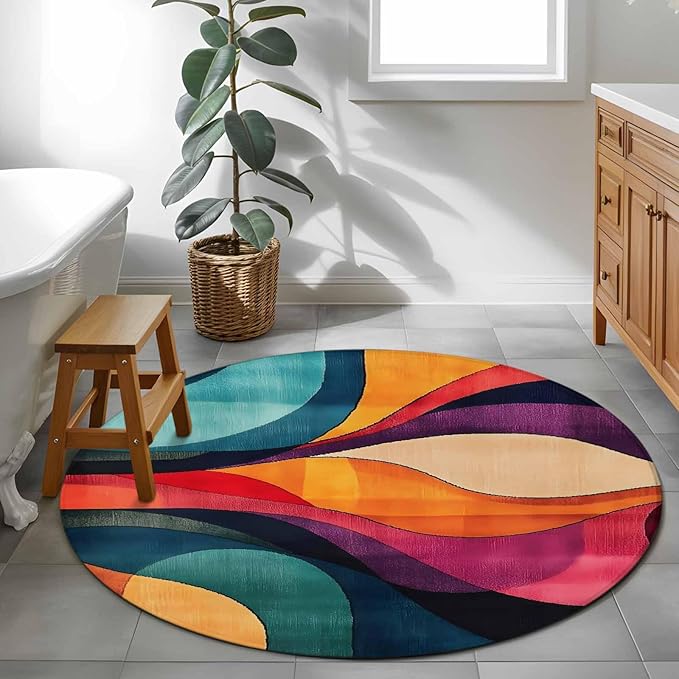 Minimalist Art Round Rug 4 Ft, Abstract Yellow Blue Color Block Line Circle Area Rugs Washable Non Slip Indoor Floor Mats Carpet for Living Room Bedroom Dining Room Home Decor