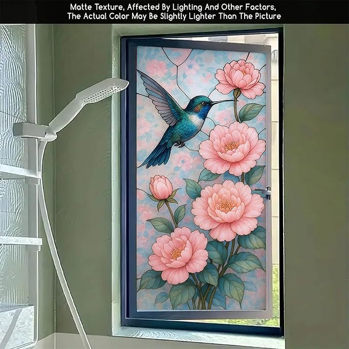 Peony Bird Privacy Film Floral Glass Panel Static Cling No Glue Decorative Cover Light Filtering for Bedroom Door Vanity Room Entryway 17.7x39.3 inch